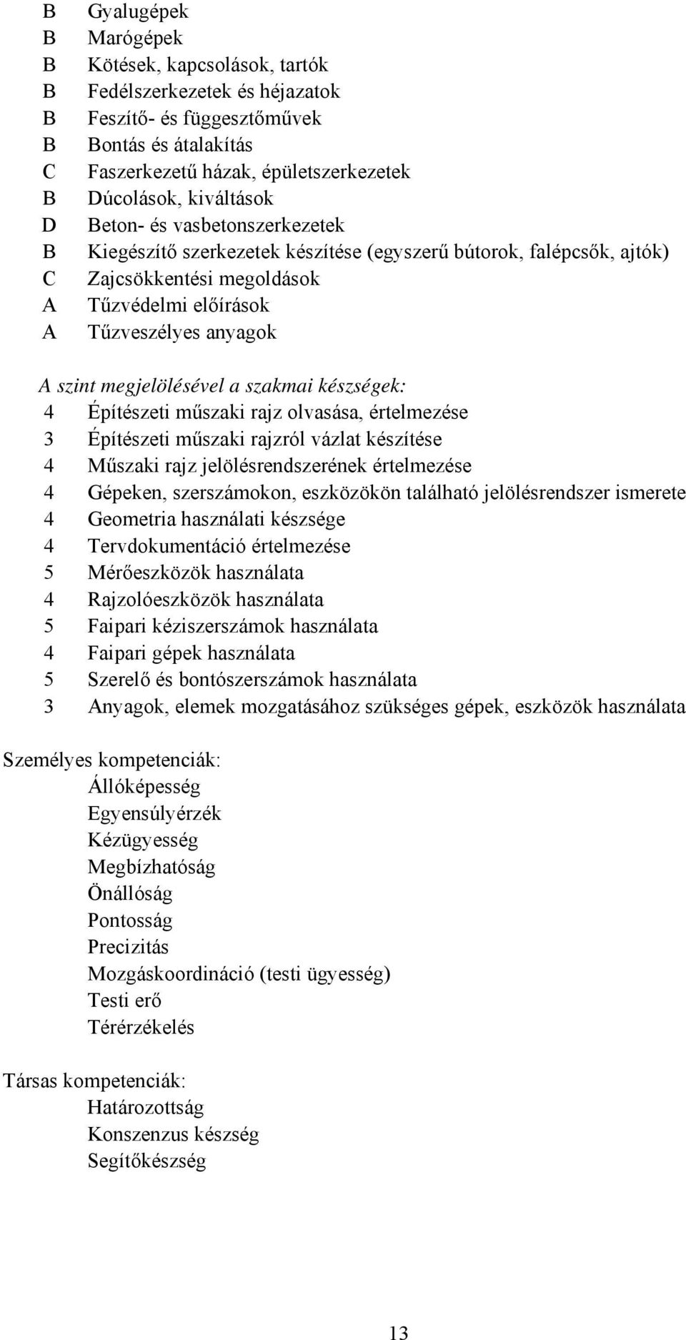 készségek: 4 Építészeti műszaki rajz olvasása, értelmezése 3 Építészeti műszaki rajzról vázlat készítése 4 Műszaki rajz jelölésrendszerének értelmezése 4 Gépeken, szerszámokon, eszközökön található