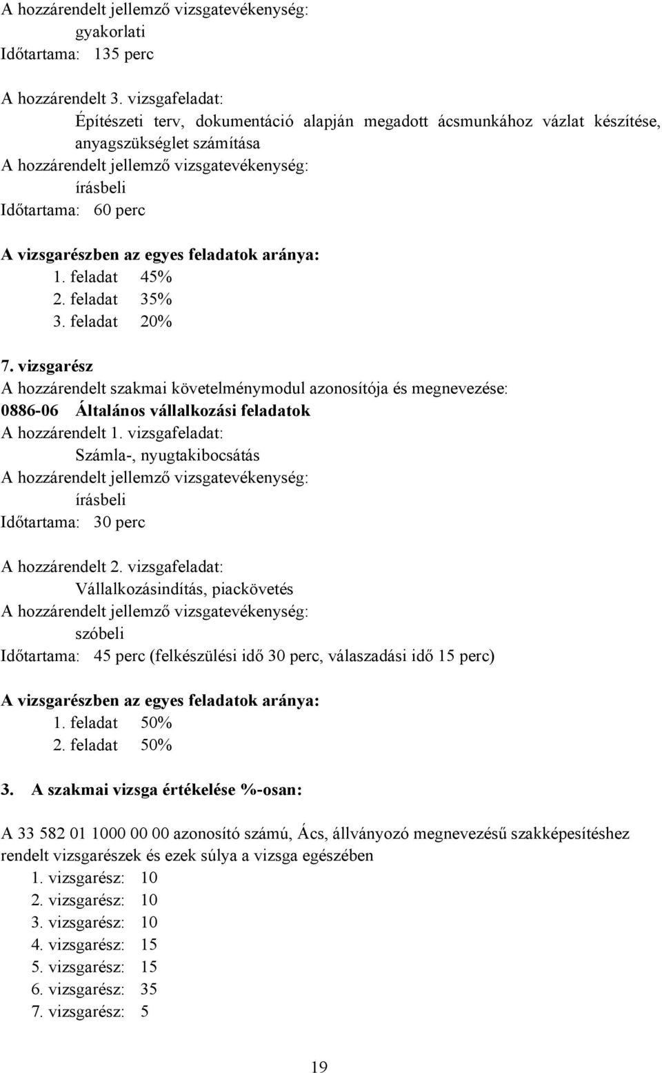 feladat 45% 2. feladat 35% 3. feladat 20% 7. vizsgarész A hozzárendelt szakmai követelménymodul azonosítója és megnevezése: 0886-06 Általános vállalkozási feladatok A hozzárendelt 1.