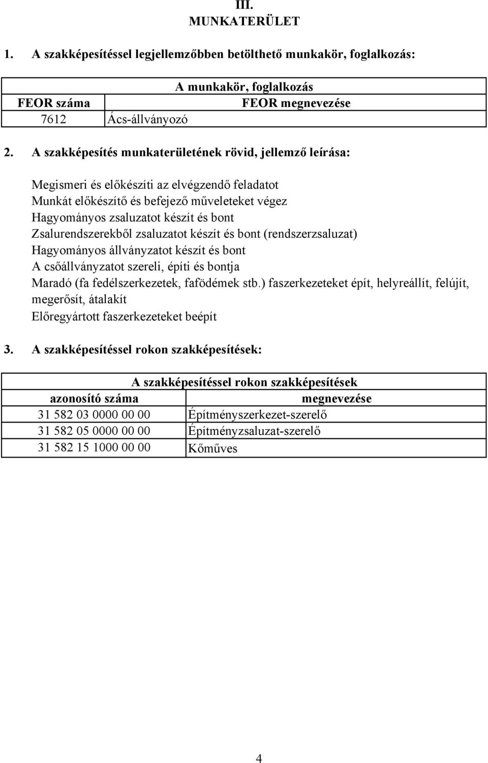 Zsalurendszerekből zsaluzatot készít és bont (rendszerzsaluzat) Hagyományos állványzatot készít és bont A csőállványzatot szereli, építi és bontja Maradó (fa fedélszerkezetek, fafödémek stb.