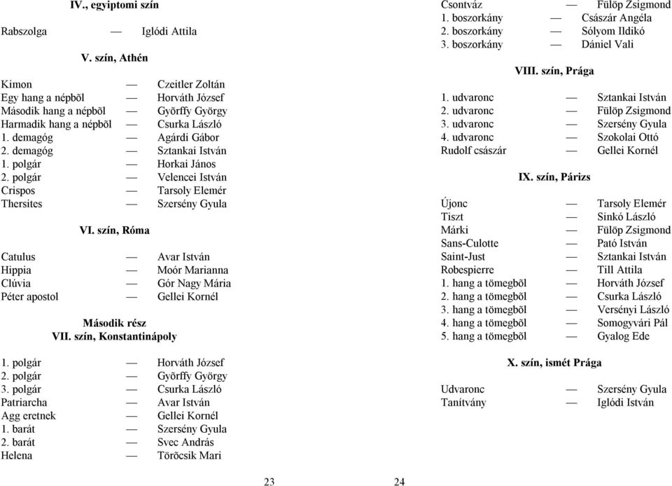 szín, Róma Catulus Avar István Hippia Moór Marianna Clúvia Gór Nagy Mária Péter apostol Gellei Kornél Második rész VII. szín, Konstantinápoly 1. polgár Horváth József 2. polgár Gyõrffy György 3.