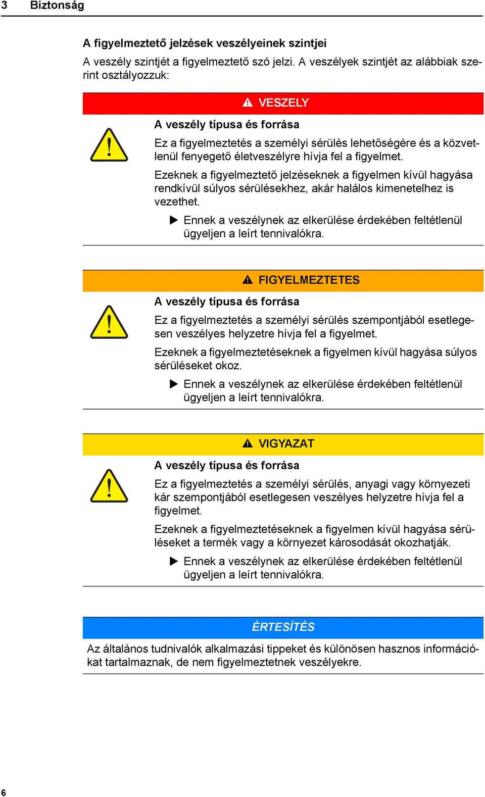 figyelmet. Ezeknek a figyelmeztető jelzéseknek a figyelmen kívül hagyása rendkívül súlyos sérülésekhez, akár halálos kimenetelhez is vezethet.