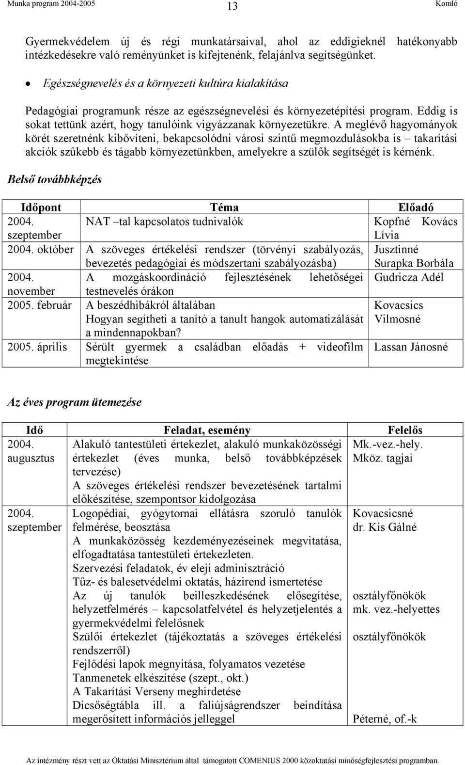 A meglévő hagyományok körét szeretnénk kibővíteni, bekapcsolódni városi szintű megmozdulásokba is takarítási akciók szűkebb és tágabb környezetünkben, amelyekre a szülők segítségét is kérnénk.