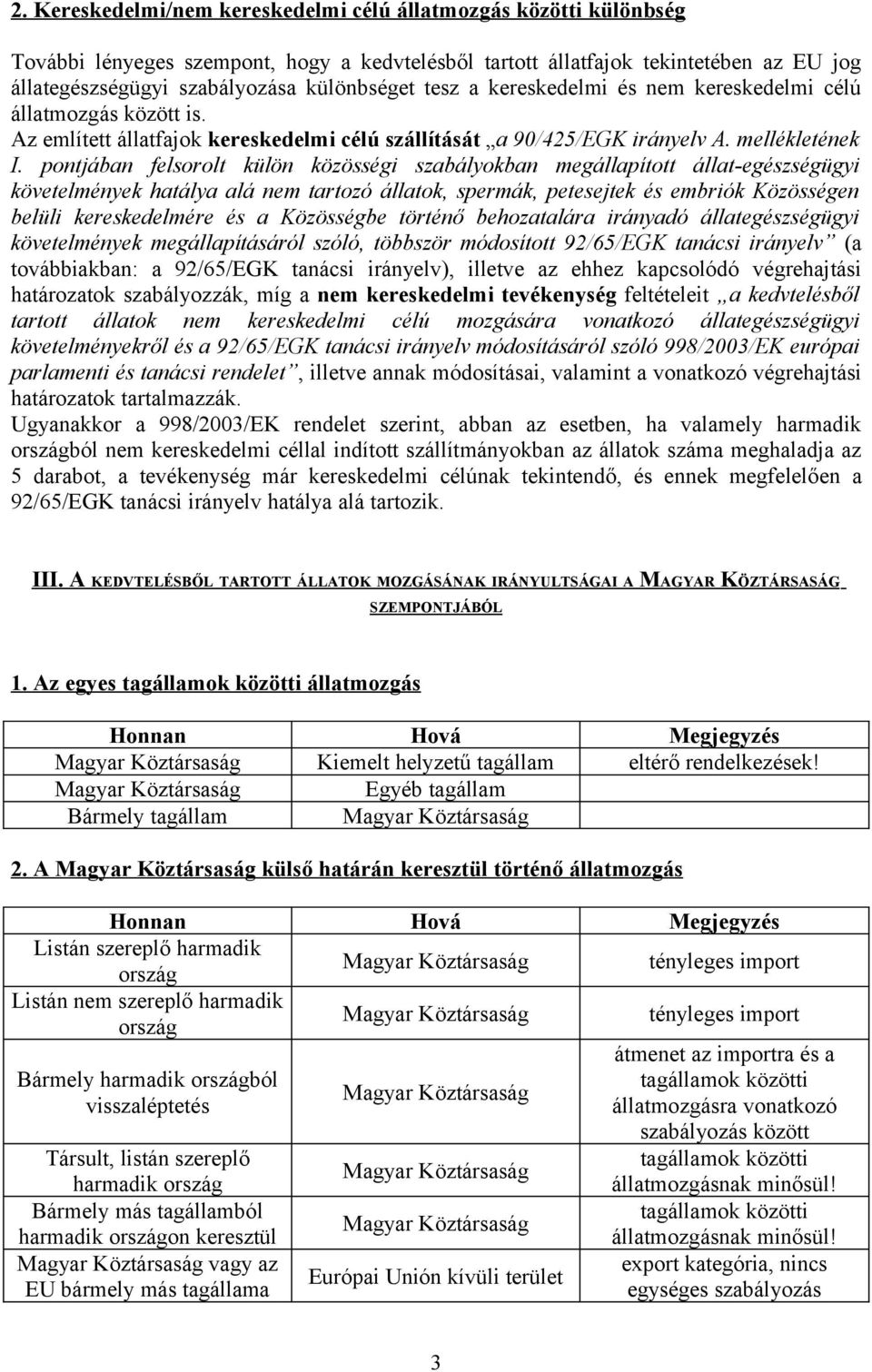 pontjában felsorolt külön közösségi szabályokban megállapított állat-egészségügyi követelmények hatálya alá nem tartozó állatok, spermák, petesejtek és embriók Közösségen belüli kereskedelmére és a