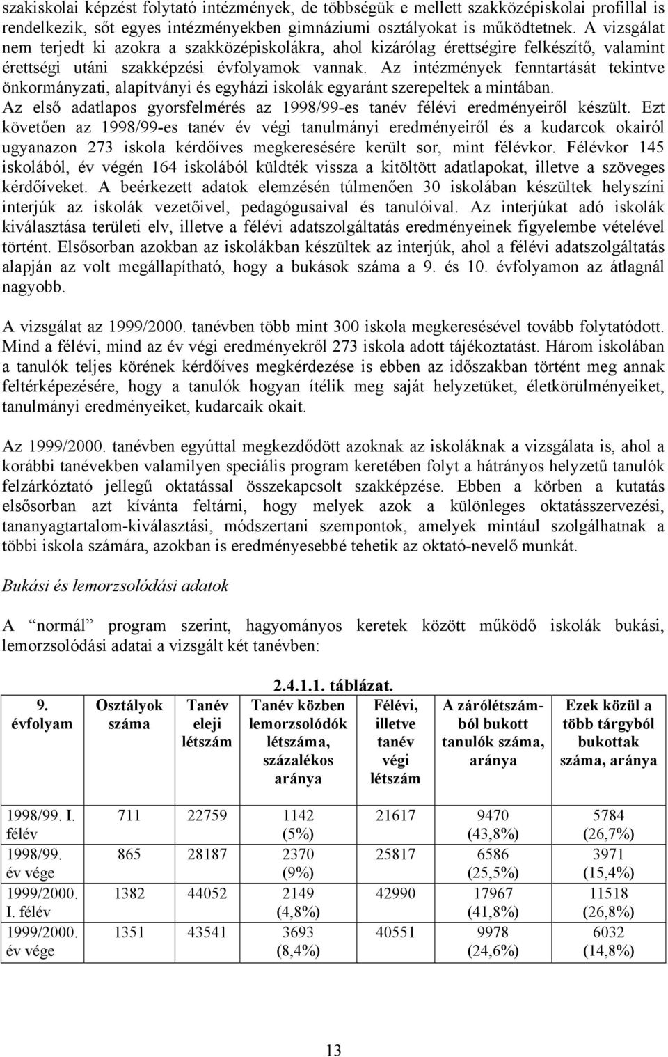 Az intézmények fenntartását tekintve önkormányzati, alapítványi és egyházi iskolák egyaránt szerepeltek a mintában. Az első adatlapos gyorsfelmérés az 1998/99-es tanév félévi eredményeiről készült.