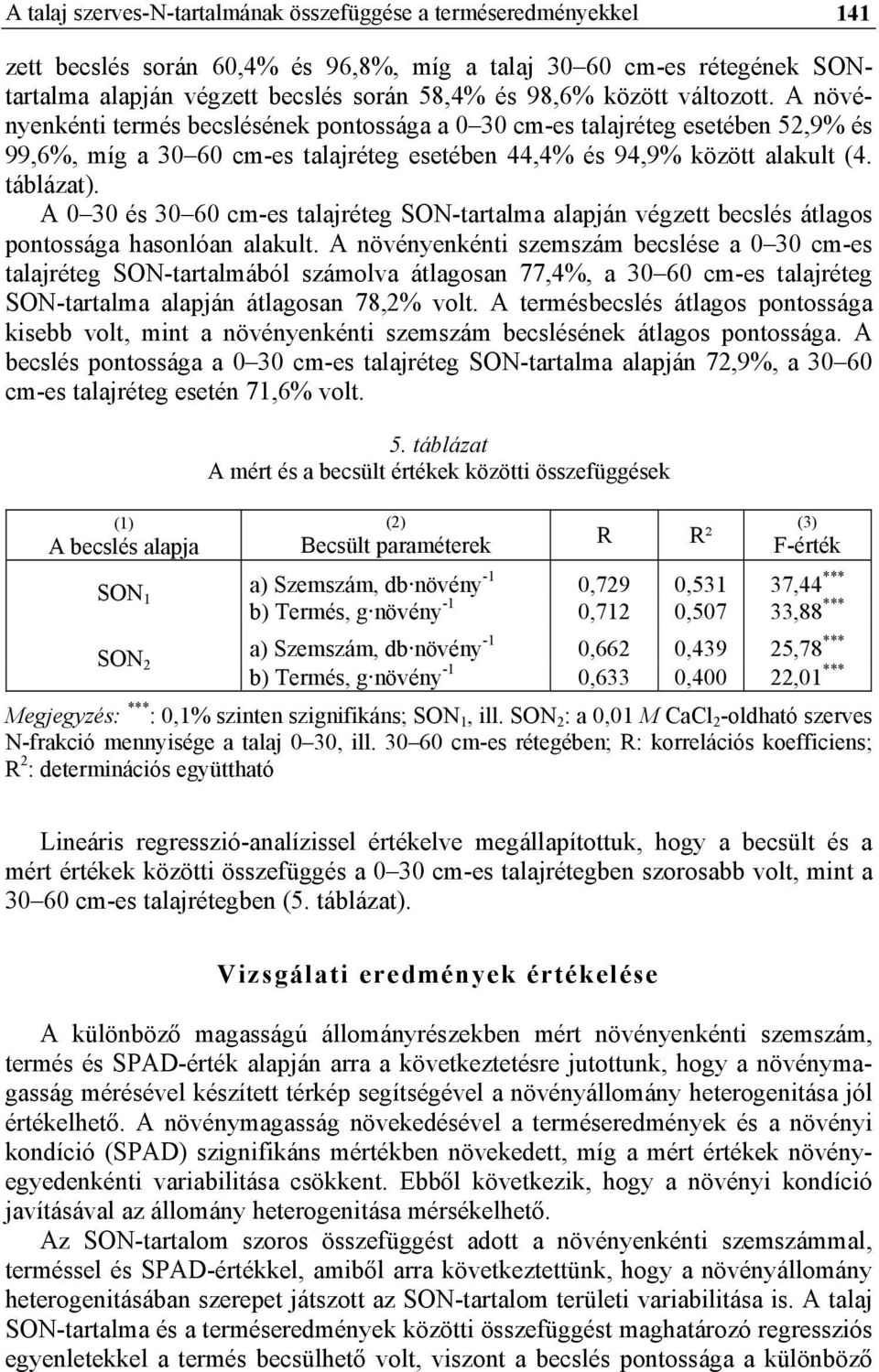 A 0 30 és 30 60 cm-es talajréteg SON-tartalma alapján végzett becslés átlagos pontossága hasonlóan alakult.