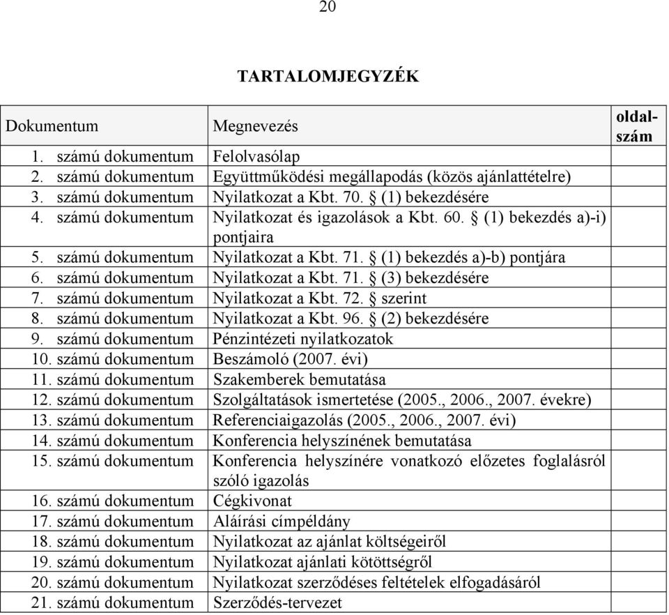 számú dokumentum Nyilatkozat a Kbt. 71. (3) bekezdésére 7. számú dokumentum Nyilatkozat a Kbt. 72. szerint 8. számú dokumentum Nyilatkozat a Kbt. 96. (2) bekezdésére 9.