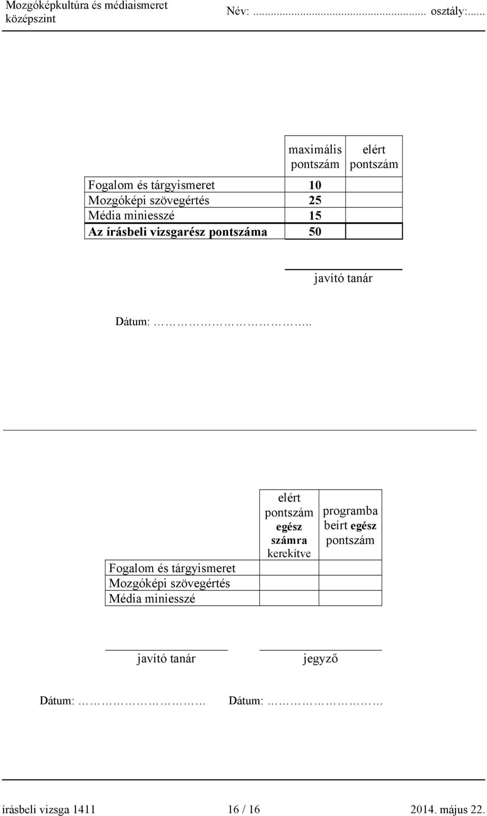 . Fogalom és tárgyismeret Mozgóképi szövegértés Média miniesszé elért pontszám egész számra