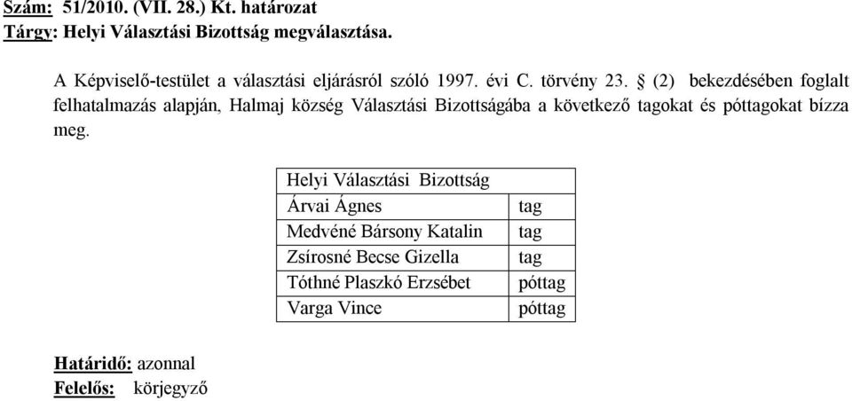 (2) bekezdésében foglalt felhatalmazás alapján, Halmaj község Választási Bizottságába a következő tagokat és póttagokat