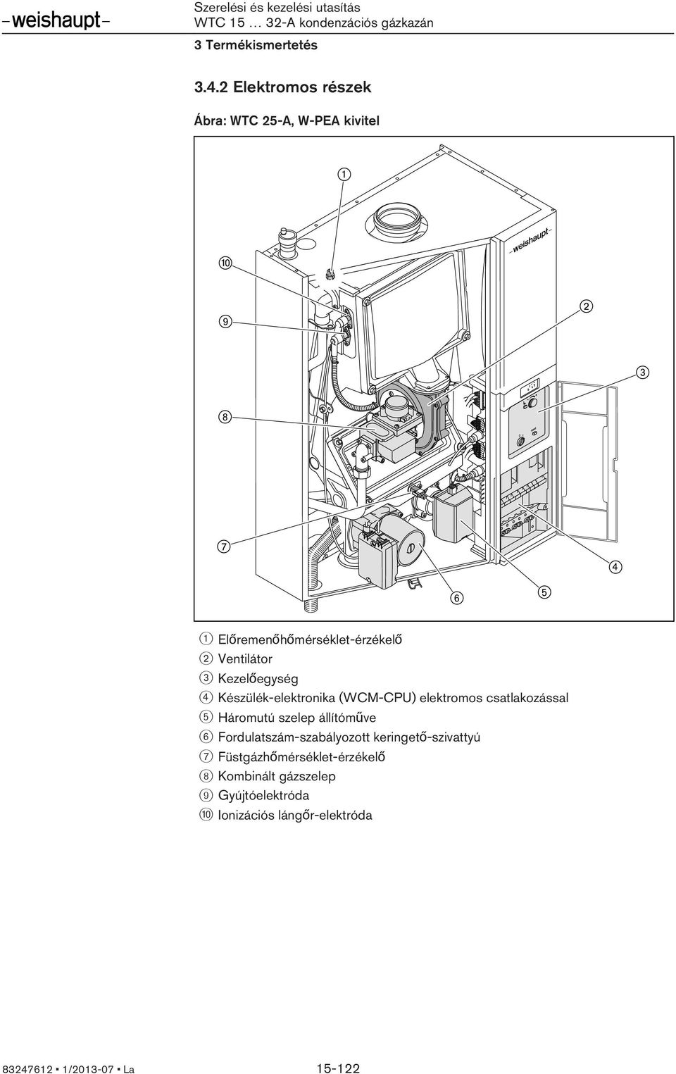 Kezelőegység 4 Készülék-elektronika (WCM-CPU) elektromos csatlakozással 5 Háromutú szelep