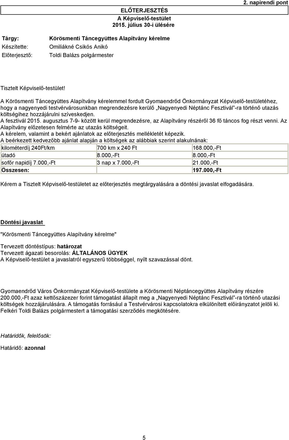 A Körösmenti Táncegyüttes Alapítvány kérelemmel fordult Gyomaendrőd Önkormányzat Képviselő-testületéhez, hogy a nagyenyedi testvérvárosunkban megrendezésre kerülő Nagyenyedi Néptánc Fesztivál -ra