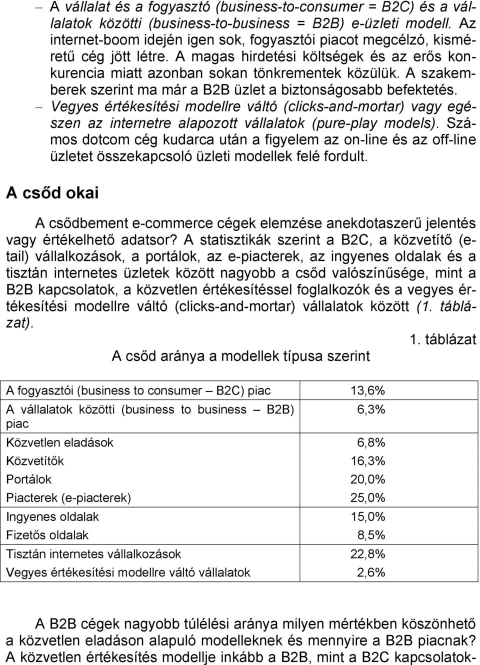 A szakemberek szerint ma már a B2B üzlet a biztonságosabb befektetés. Vegyes értékesítési modellre váltó (clicks-and-mortar) vagy egészen az internetre alapozott vállalatok (pure-play models).