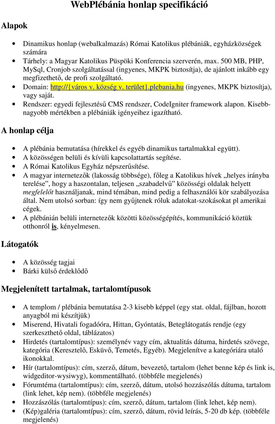 hu (ingyenes, MKPK biztosítja), vagy saját. Rendszer: egyedi fejlesztéső CMS rendszer, CodeIgniter framework alapon. Kisebbnagyobb mértékben a plébániák igényeihez igazítható.