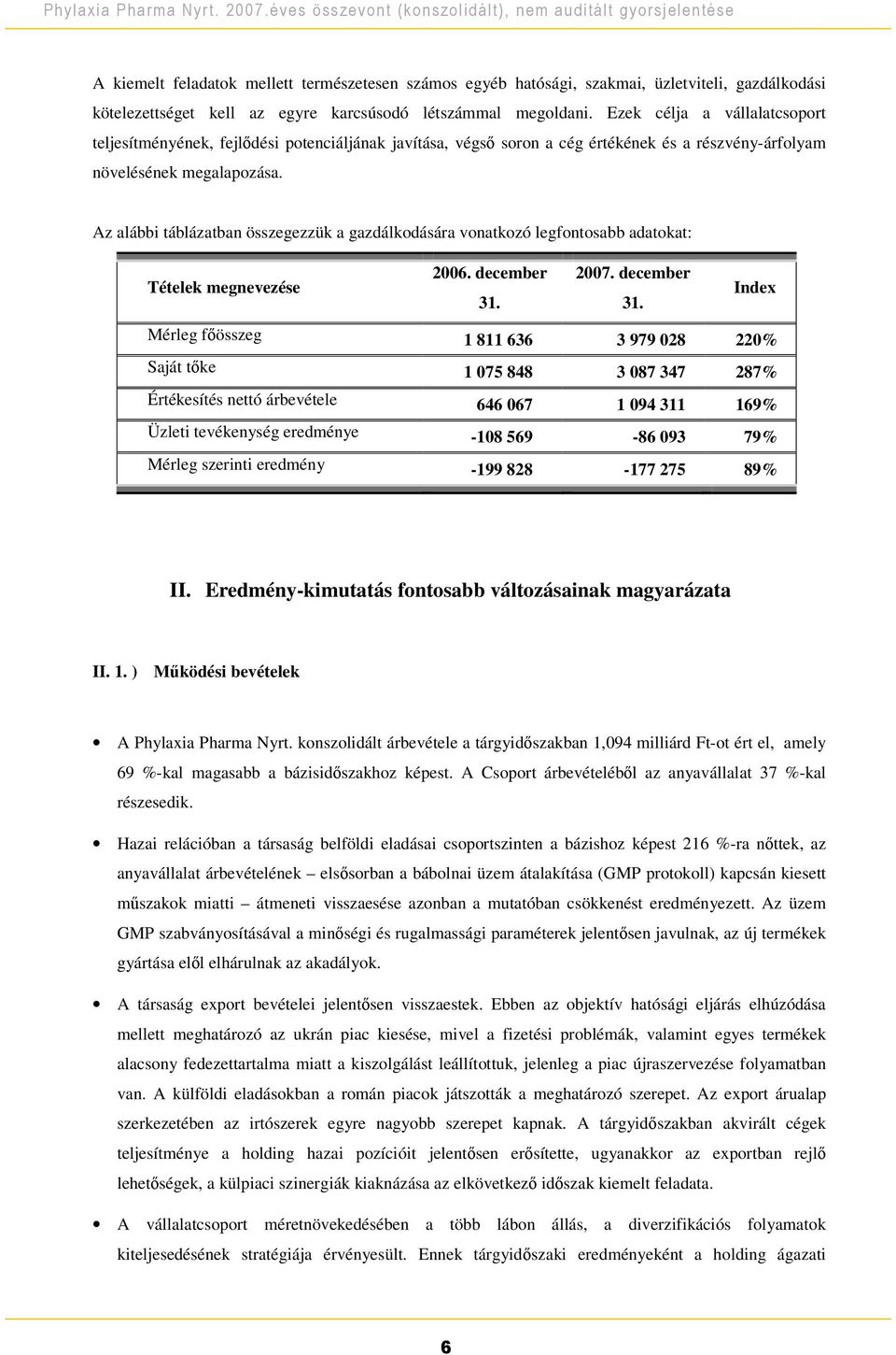 Az alábbi táblázatban összegezzük a gazdálkodására vonatkozó legfontosabb adatokat: Tételek megnevezése 2006. december 31.