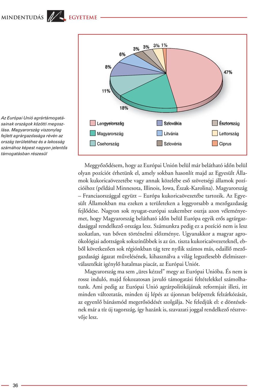 Lettország Csehország Szlovénia Ciprus Meggyôzôdésem, hogy az Európai Unión belül már belátható idôn belül olyan pozíciót érhetünk el, amely sokban hasonlít majd az Egyesült Államok kukoricaövezetébe