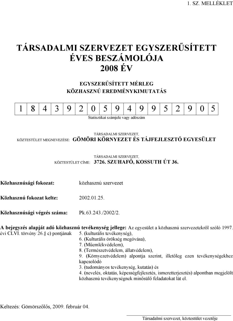 TÁRSADALMI SZERVEZET, KÖZTESTÜLET MEGNEVEZÉSE: GÖMÖRI KÖRNYEZET ÉS TÁJFEJLESZTŐ EGYESÜLET TÁRSADALMI SZERVEZET, KÖZTESTÜLET CÍME: 3726. SZUHAFŐ, KOSSUTH ÚT 36.