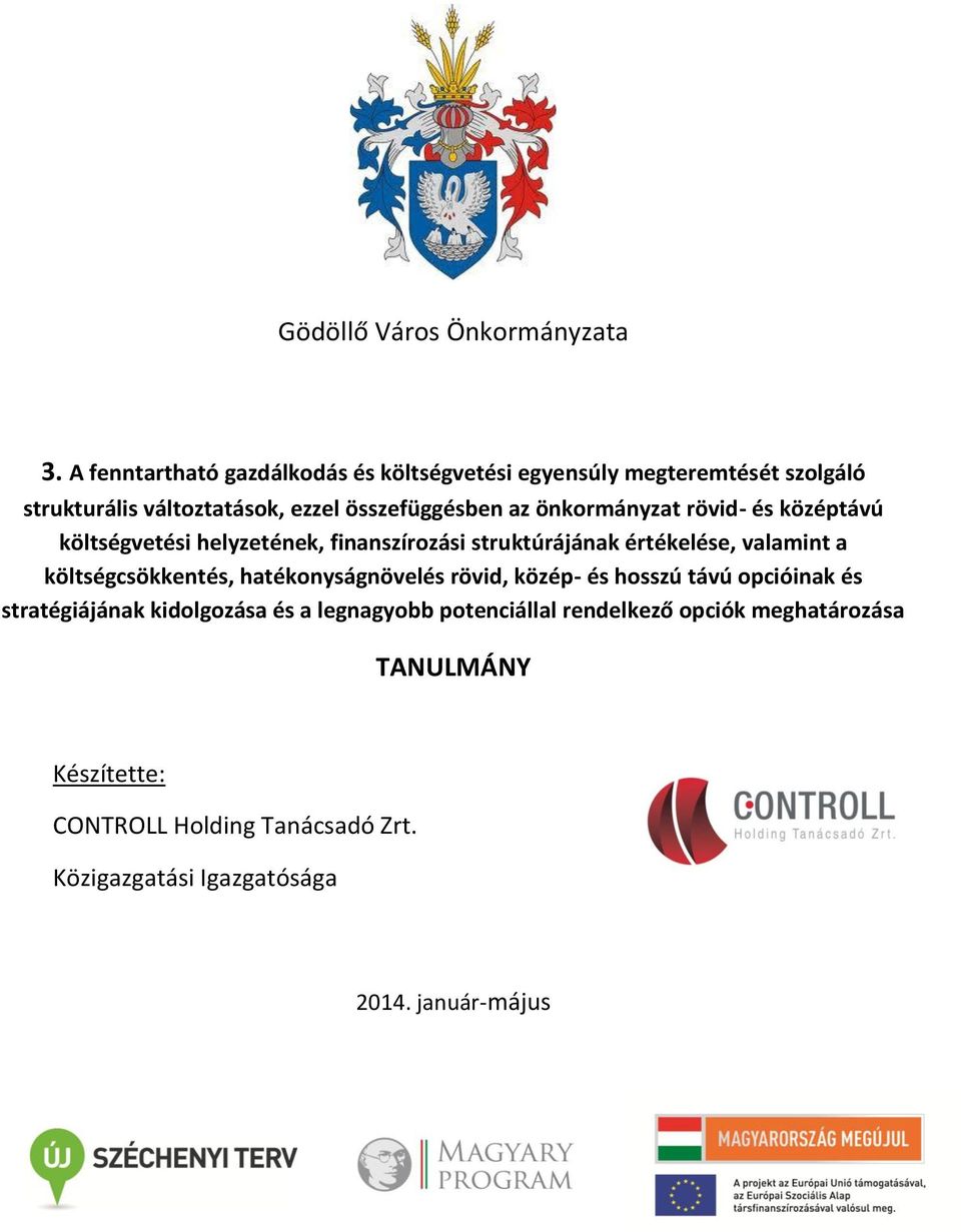 önkormányzat rövid- és középtávú költségvetési helyzetének, finanszírozási struktúrájának értékelése, valamint a költségcsökkentés,