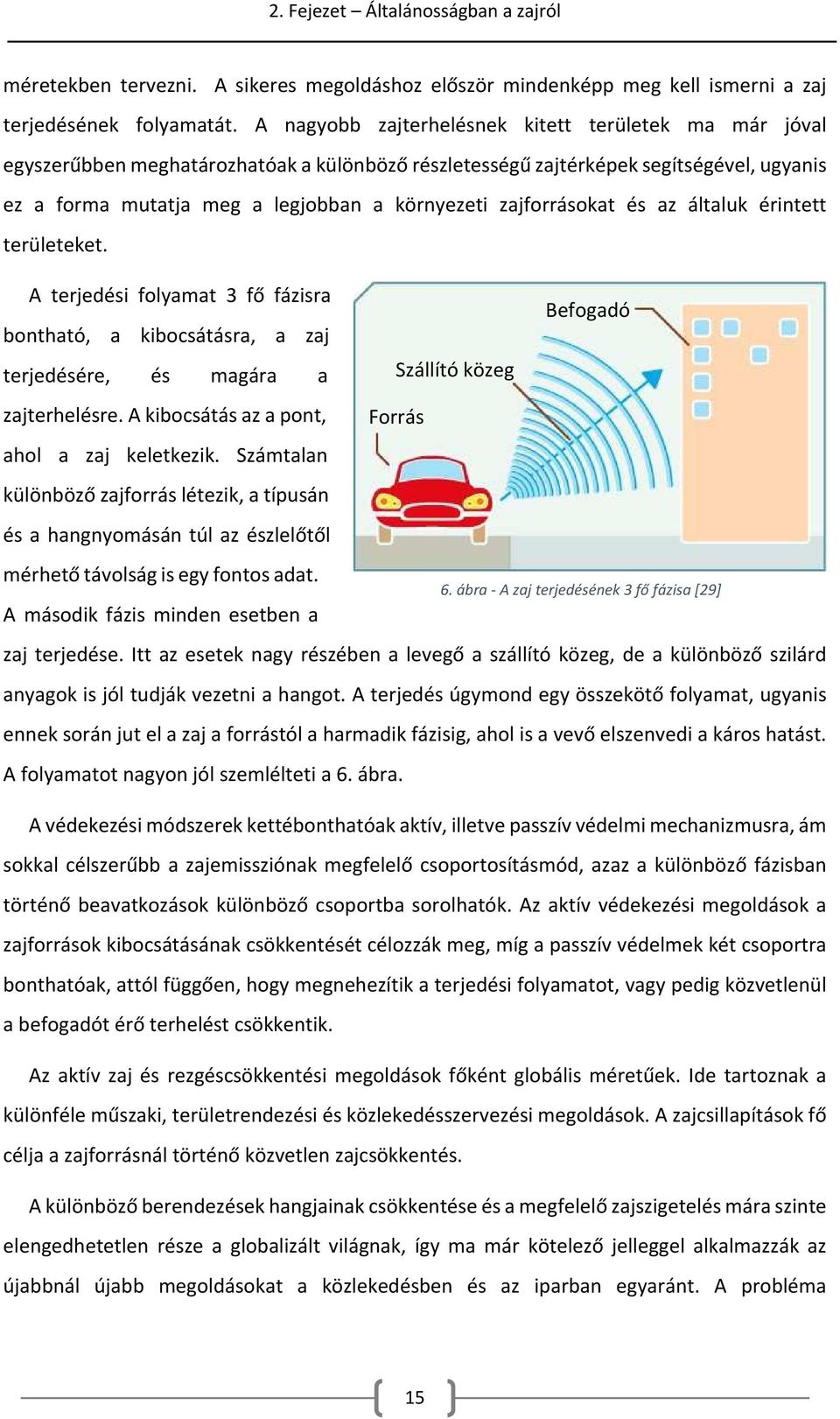 zajforrásokat és az általuk érintett területeket. A terjedési folyamat 3 fő fázisra bontható, a kibocsátásra, a zaj terjedésére, és magára a zajterhelésre.