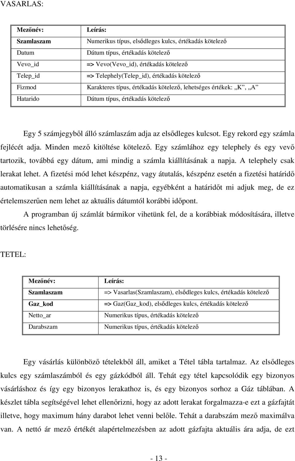 Egy rekord egy számla fejlécét adja. Minden mező kitöltése kötelező. Egy számlához egy telephely és egy vevő tartozik, továbbá egy dátum, ami mindig a számla kiállításának a napja.