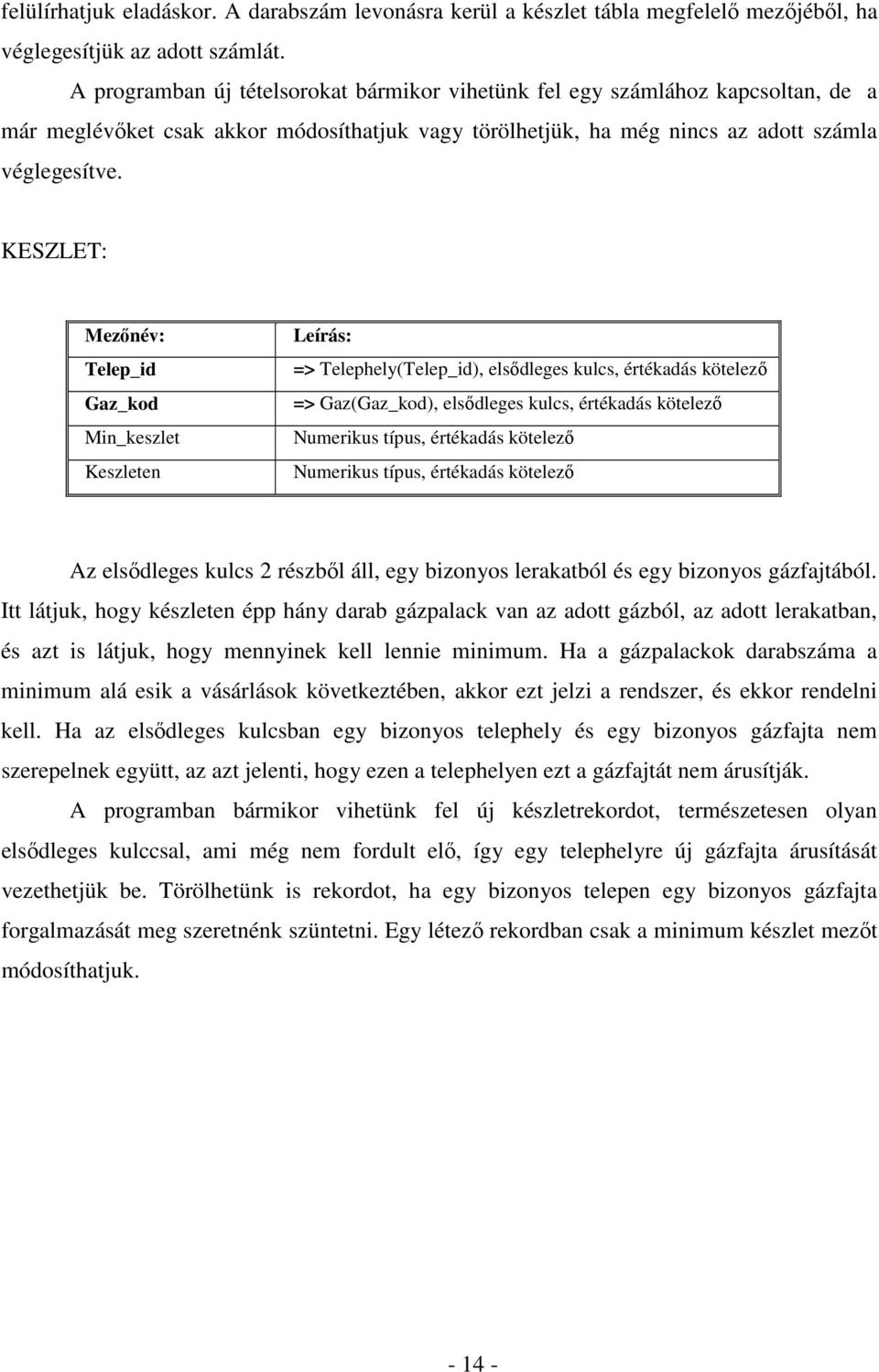 KESZLET: Mezőnév: Telep_id Gaz_kod Min_keszlet Keszleten Leírás: => Telephely(Telep_id), elsődleges kulcs, értékadás kötelező => Gaz(Gaz_kod), elsődleges kulcs, értékadás kötelező Numerikus típus,