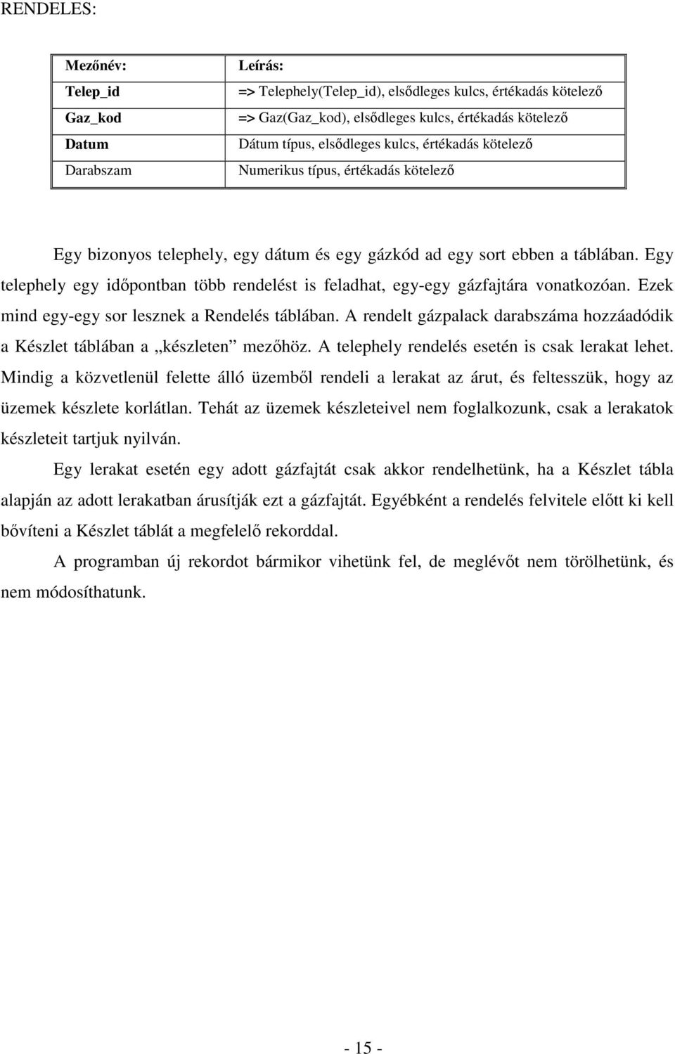 Egy telephely egy időpontban több rendelést is feladhat, egy-egy gázfajtára vonatkozóan. Ezek mind egy-egy sor lesznek a Rendelés táblában.