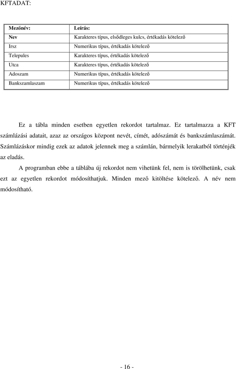 Ez tartalmazza a KFT számlázási adatait, azaz az országos központ nevét, címét, adószámát és bankszámlaszámát.