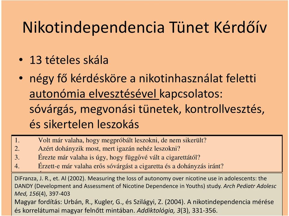 Érzett-e már valaha erős sóvárgást a cigaretta és a dohányzás iránt? 5. Érezte már valaha, hogy nagyon szüksége van a cigarettára? DiFranza, J. R., et. Al(2002).