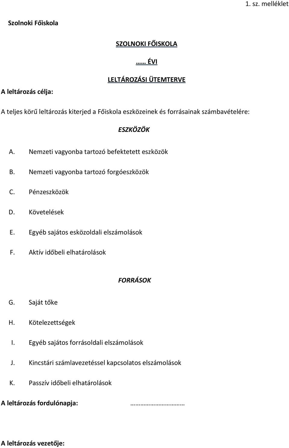 forrásainak számbavételére: ESZKÖZÖK A. Nemzeti vagyonba tartozó befektetett eszközök B. Nemzeti vagyonba tartozó forgóeszközök C. Pénzeszközök D.