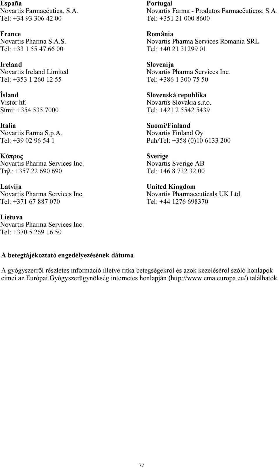 Tel: +39 02 96 54 1 Κύπρος Τηλ: +357 22 690 690 Latvija Tel: +371 67 887 070 Portugal Novartis Farma - Produtos Farmacêuticos, S.A.