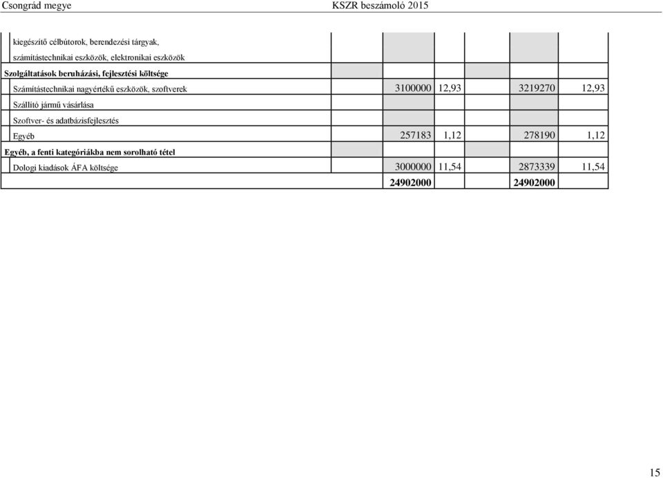 12,93 Szállító jármű vásárlása Szoftver- és adatbázisfejlesztés Egyéb 257183 1,12 278190 1,12 Egyéb, a fenti
