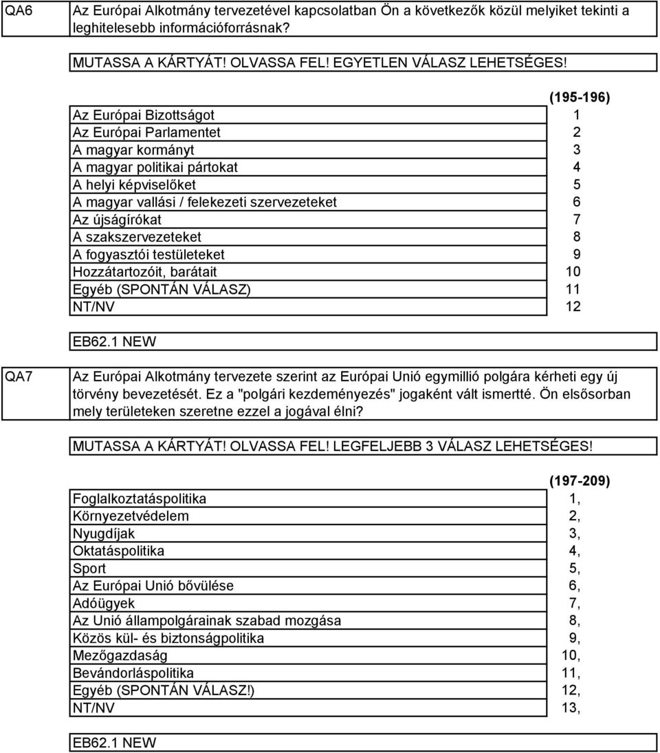 fogyasztói testületeket Hozzátartozóit, barátait Egyéb (SPONTÁN VÁLASZ) (9-96) 6 7 8 9 0 QA7 Az Európai Alkotmány tervezete szerint az Európai Unió egymillió polgára kérheti egy új törvény