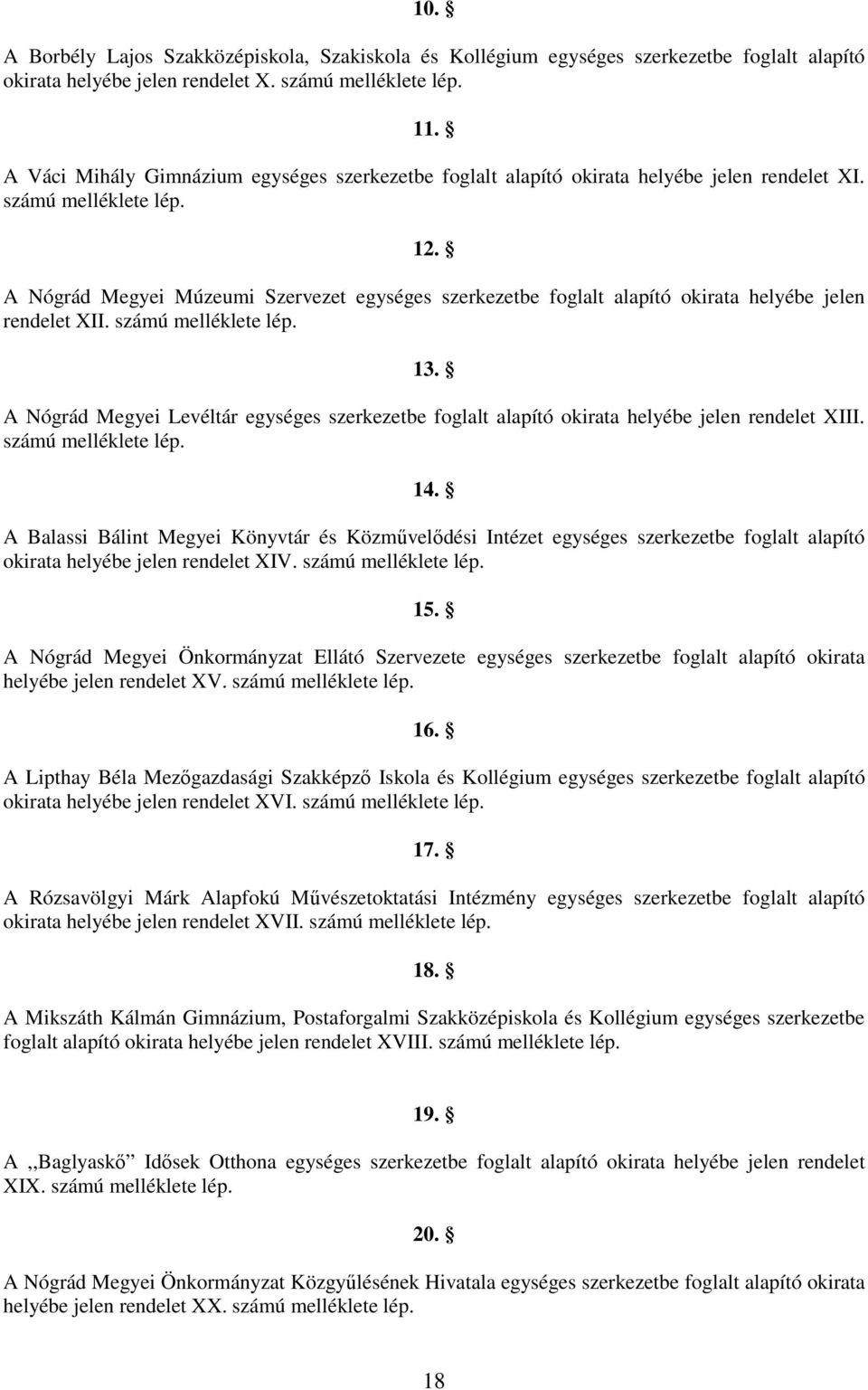 A Nógrád Megyei Múzeumi Szervezet egységes szerkezetbe foglalt alapító okirata helyébe jelen rendelet XII. számú melléklete lép. 13.