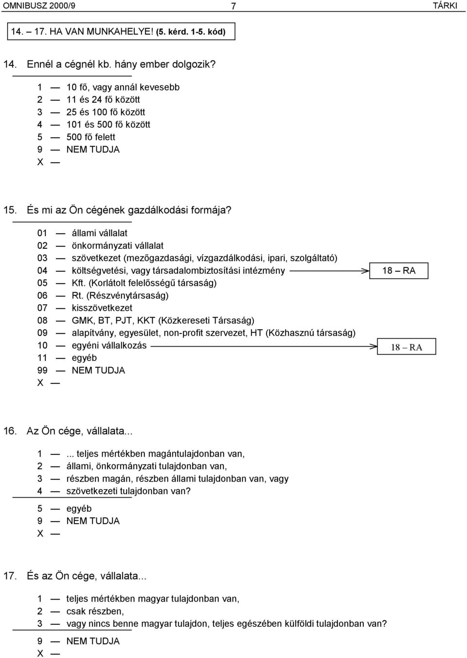 01 állami vállalat 02 önkormányzati vállalat 03 szövetkezet (mezőgazdasági, vízgazdálkodási, ipari, szolgáltató) 04 költségvetési, vagy társadalombiztosítási intézmény 05 Kft.