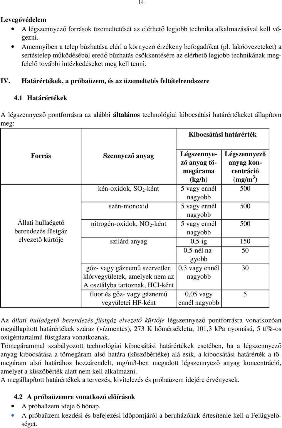 Határértékek, a próbaüzem, és az üzemeltetés feltételrendszere 4.