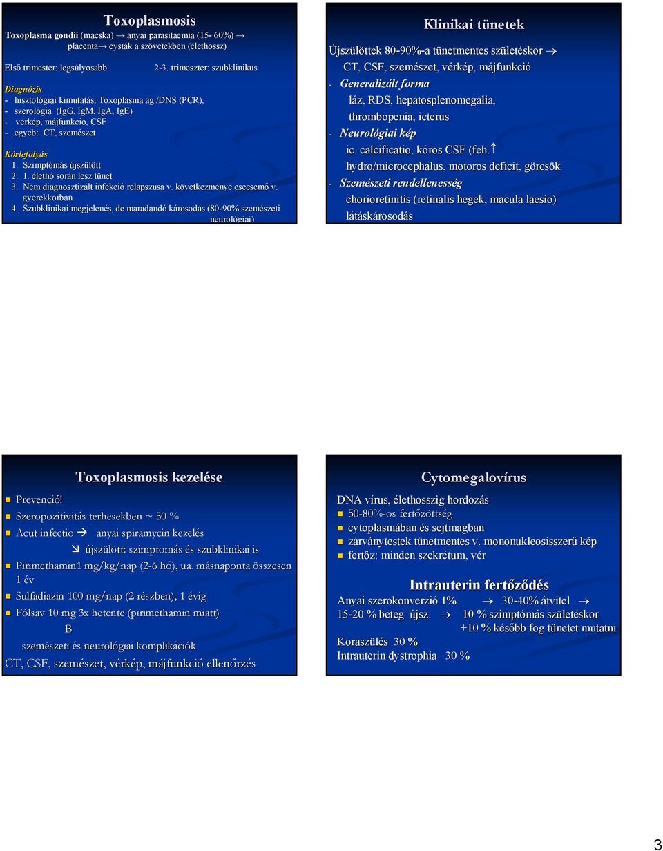 /dns (PCR), - szerológia (IgG( IgG, IgM, IgA, IgE) - vérkép, májfunkcim jfunkció,, CSF - egyéb: CT, szemészet szet Kórlefolyás 1. Szimptómás újszülött 2. 1. élethó során n lesz tünett 3.