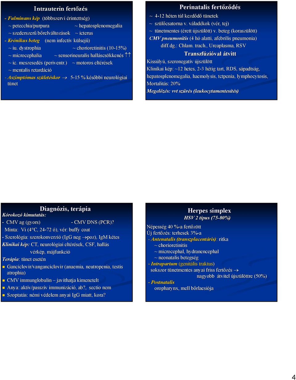 15%) ~ sensorineuralis halláscs scsökkenés s (periventr.) ~ motoros eltérések 5-15 % későbbi k neurológiai Perinatalis fertőződés ~ 4-124 héten h túl t l kezdődő tünetek ~ szülőcsatorna v.