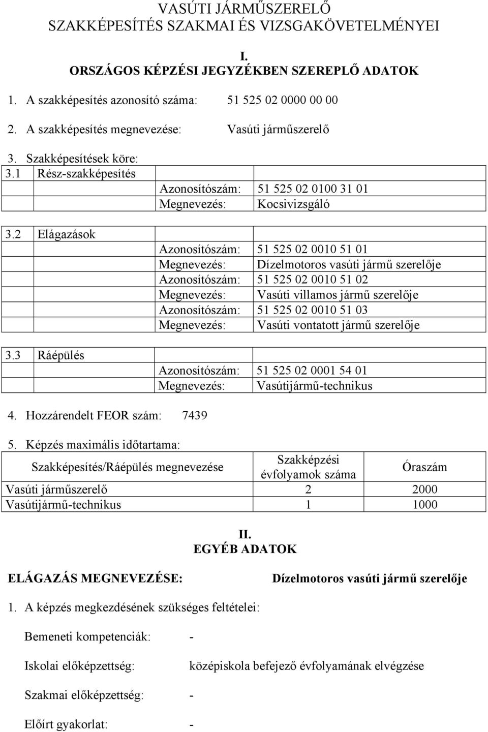 3 Ráépülés Azonosítószám: 51 525 02 0100 31 01 Megnevezés: Kocsivizsgáló Azonosítószám: 51 525 02 0010 51 01 Megnevezés: Dízelmotoros vasúti jármű szerelője Azonosítószám: 51 525 02 0010 51 02