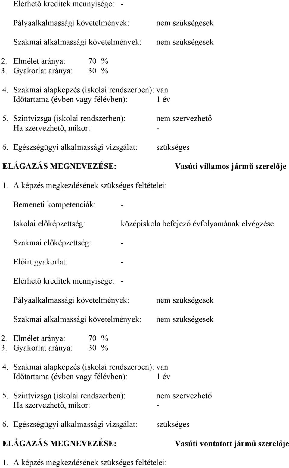 Egészségügyi alkalmassági vizsgálat: szükséges ELÁGAZÁS MEGNEVEZÉSE: Vasúti villamos jármű szerelője 1.