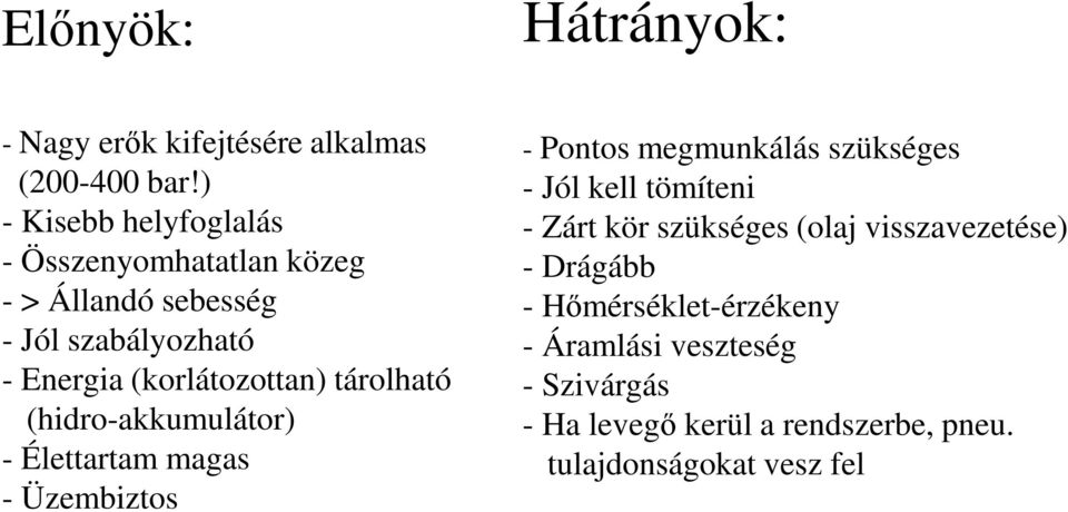 tárolható (hidro-akkumulátor) - Élettartam magas - Üzembiztos - Pontos megmunkálás szükséges - Jól kell tömíteni -