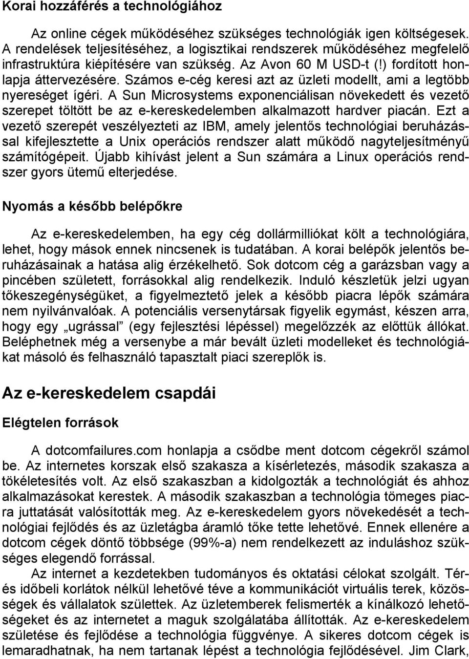 Számos e-cég keresi azt az üzleti modellt, ami a legtöbb nyereséget ígéri. A Sun Microsystems exponenciálisan növekedett és vezető szerepet töltött be az e-kereskedelemben alkalmazott hardver piacán.