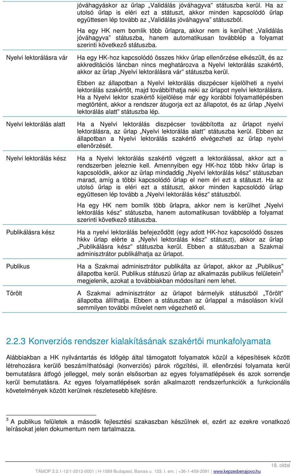 Nyelvi lektorálásra vár Nyelvi lektorálás alatt Nyelvi lektorálás kész Publikálásra kész Publikus Törölt Ha egy HK-hoz kapcsolódó összes hkkv űrlap ellenőrzése elkészült, és az akkreditációs láncban