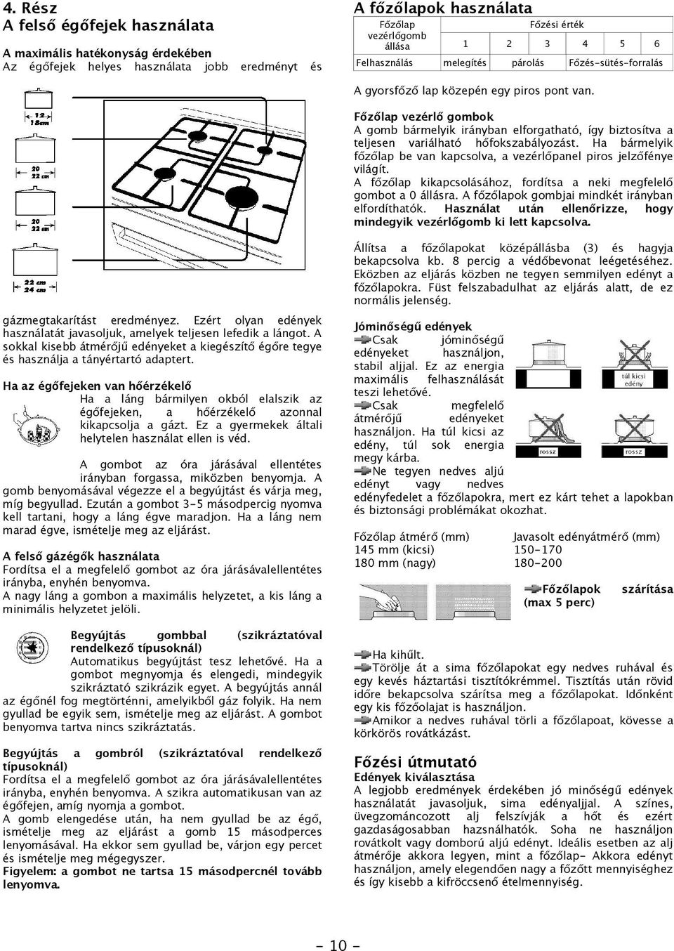 Főzőlap vezérlő gombok A gomb bármelyik irányban elforgatható, így biztosítva a teljesen variálható hőfokszabályozást. Ha bármelyik főzőlap be van kapcsolva, a vezérlőpanel piros jelzőfénye világít.