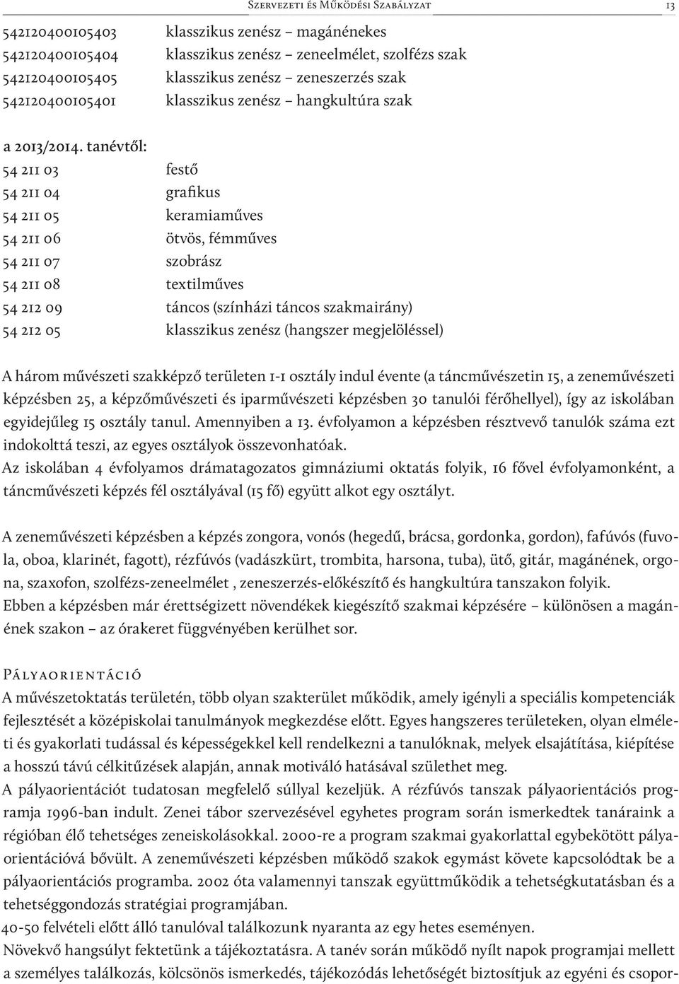 tanévtől: 54 211 03 festő 54 211 04 grafikus 54 211 05 keramiaműves 54 211 06 ötvös, fémműves 54 211 07 szobrász 54 211 08 textilműves 54 212 09 táncos (színházi táncos szakmairány) 54 212 05