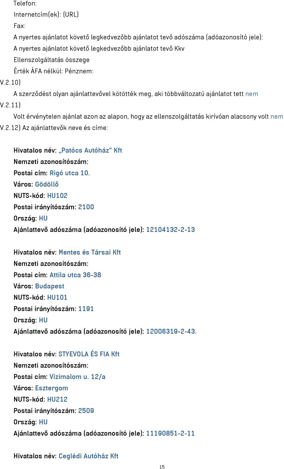 2.12) Az ajánlattevők neve és címe: Hivatalos név: Patócs Autóház Kft Postai cím: Rigó utca 10.