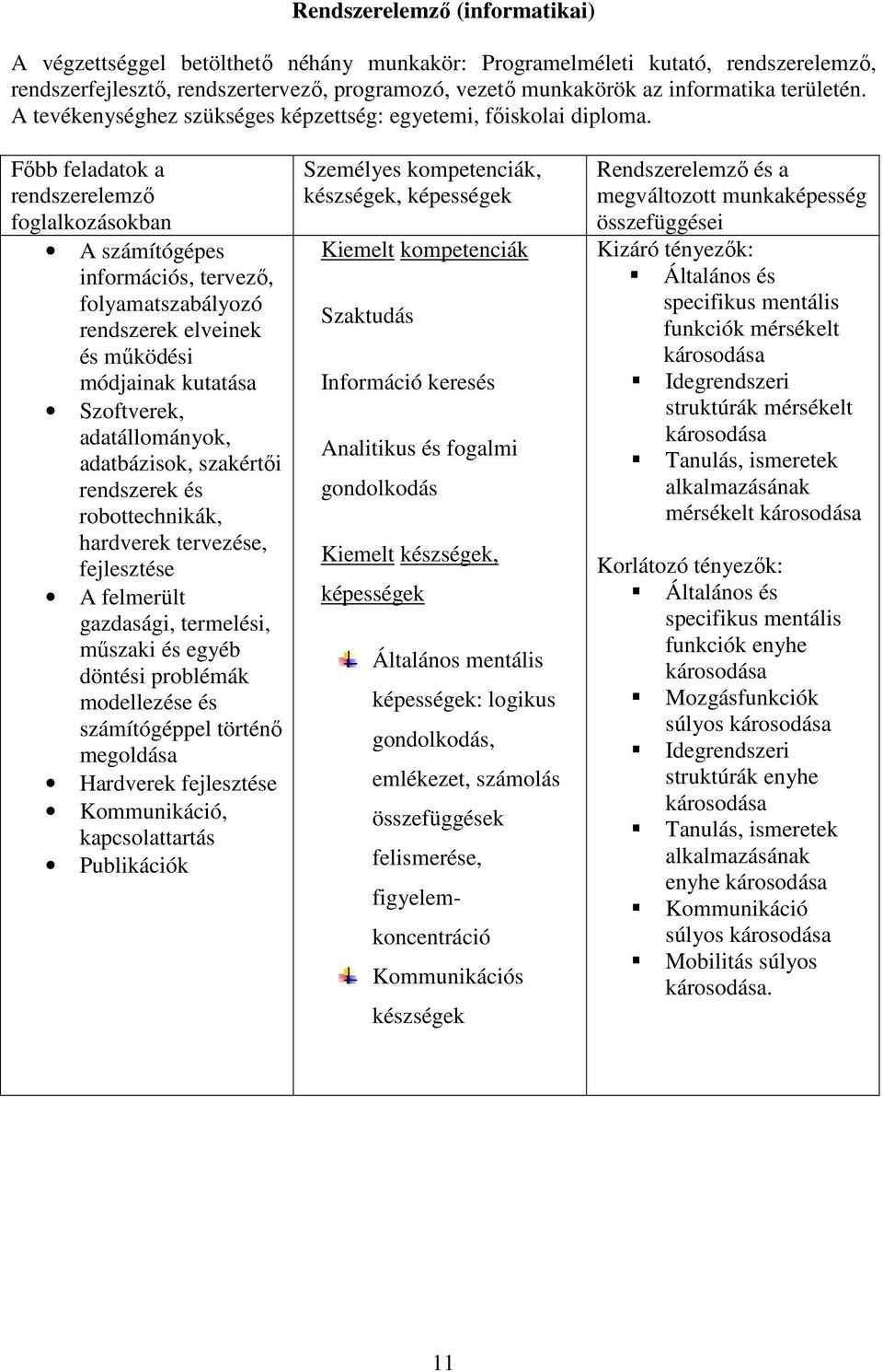 Fıbb feladatok a rendszerelemzı foglalkozásokban A számítógépes információs, tervezı, folyamatszabályozó rendszerek elveinek és mőködési módjainak kutatása Szoftverek, adatállományok, adatbázisok,