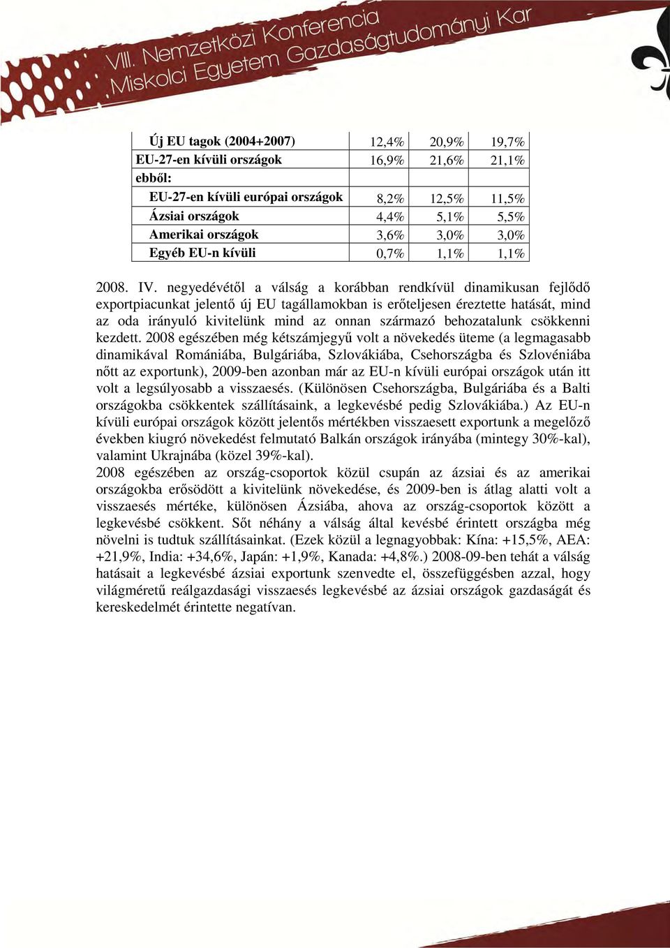 negyedévétől a válság a korábban rendkívül dinamikusan fejlődő exportpiacunkat jelentő új EU tagállamokban is erőteljesen éreztette hatását, mind az oda irányuló kivitelünk mind az onnan származó