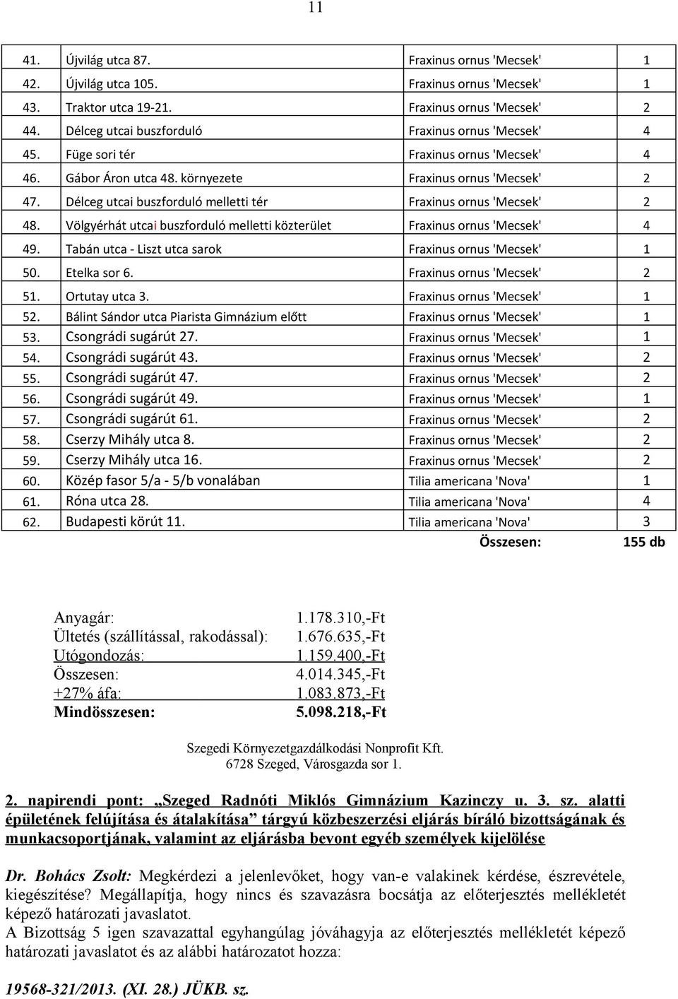 Délceg utcai buszforduló melletti tér Fraxinus ornus 'Mecsek' 2 48. Völgyérhát utcai buszforduló melletti közterület Fraxinus ornus 'Mecsek' 4 49.