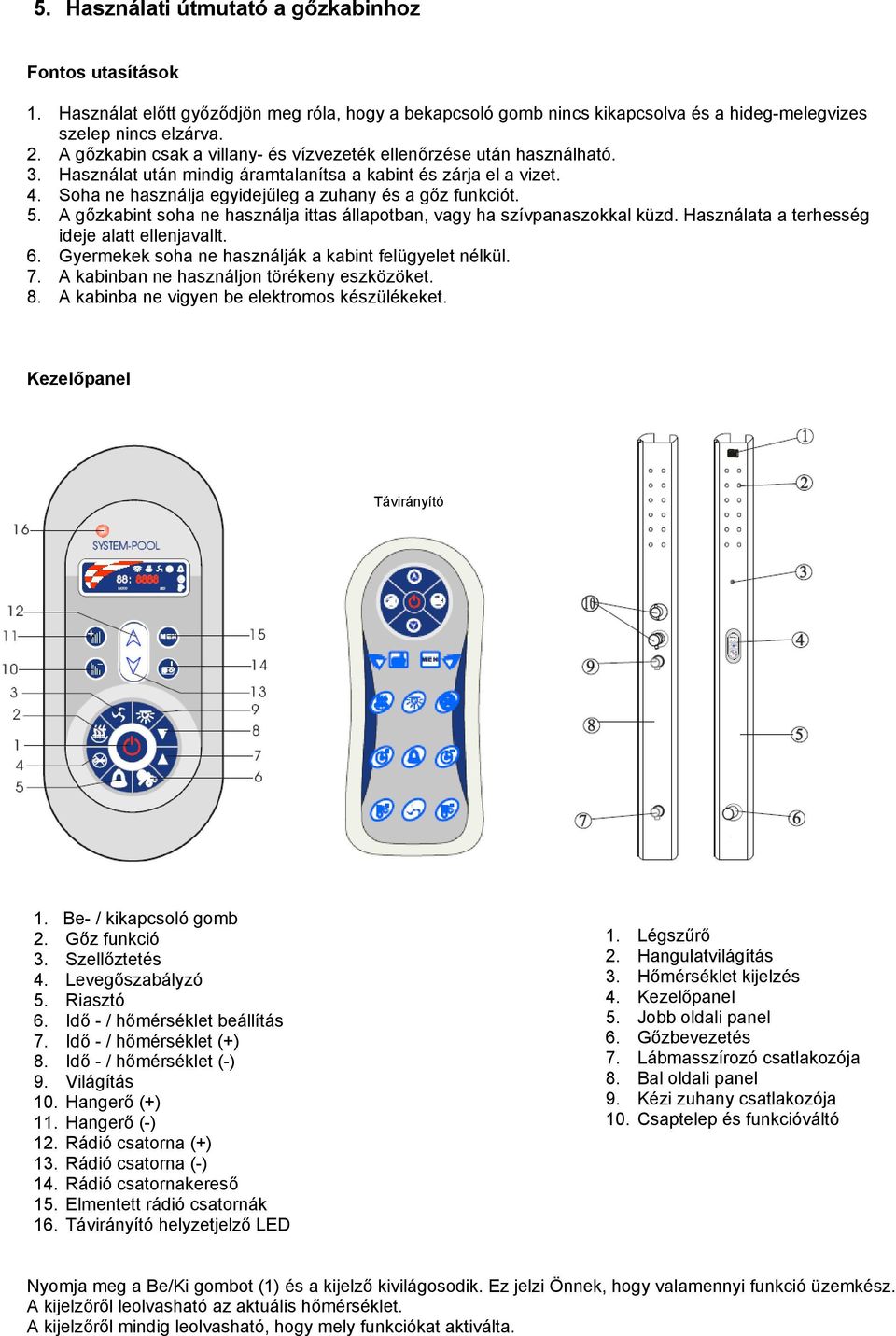 5. A gőzkabint soha ne használja ittas állapotban, vagy ha szívpanaszokkal küzd. Használata a terhesség ideje alatt ellenjavallt. 6. Gyermekek soha ne használják a kabint felügyelet nélkül. 7.