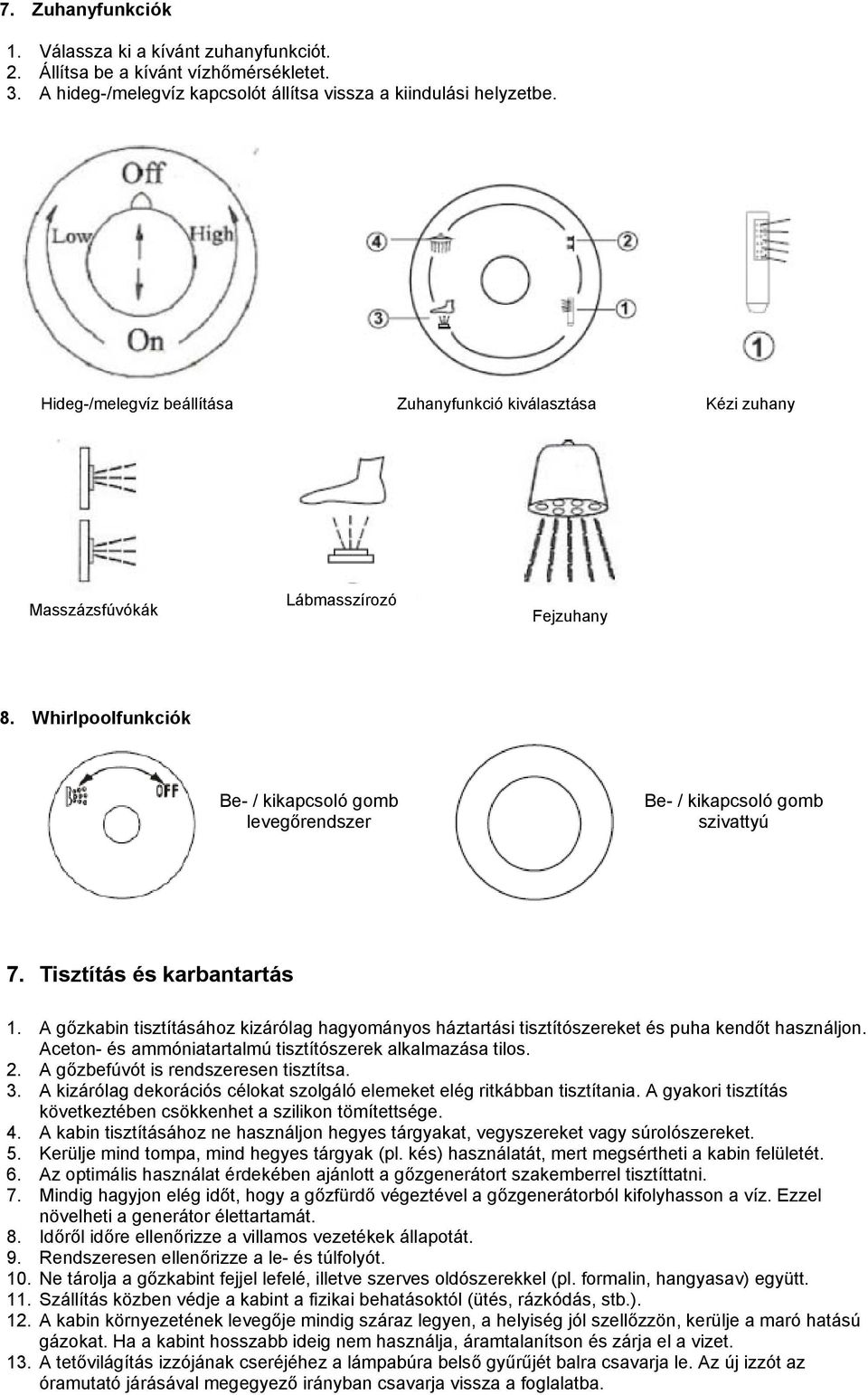 Tisztítás és karbantartás 1. A gőzkabin tisztításához kizárólag hagyományos háztartási tisztítószereket és puha kendőt használjon. Aceton- és ammóniatartalmú tisztítószerek alkalmazása tilos. 2.