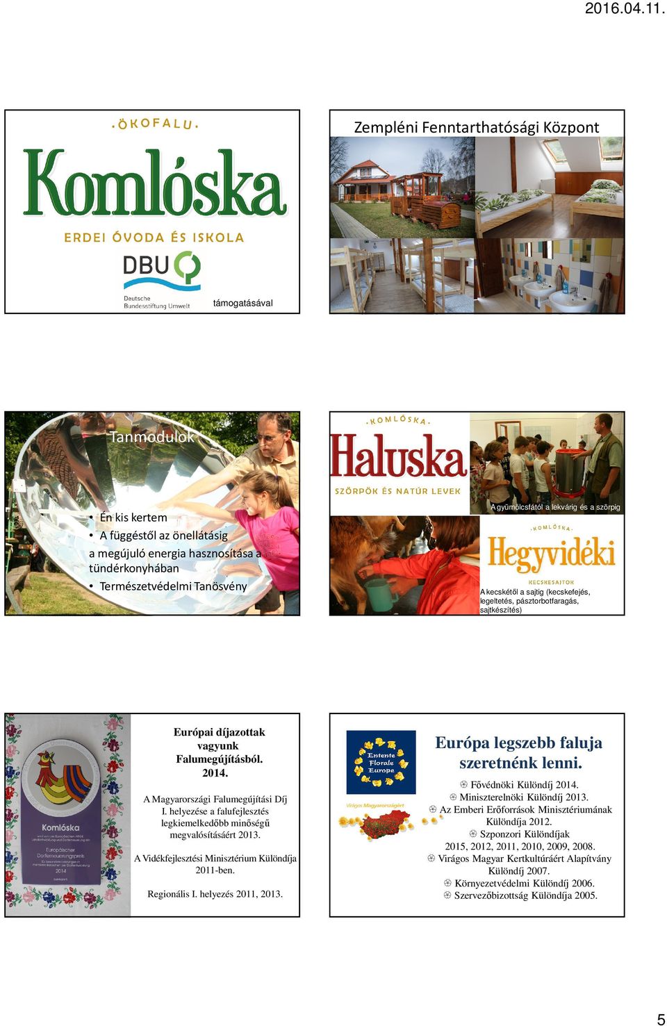 A Vidékfejlesztési Minisztérium Különdíja 2011-ben. Regionális I. helyezés 2011, 2013.