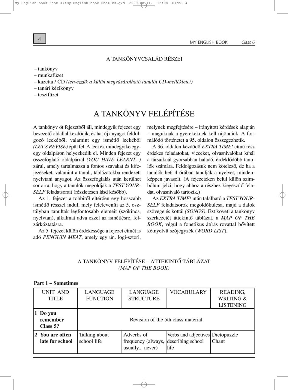 fejezetbõl áll, mindegyik fejezet egy bevezetõ oldallal kezdõdik, és hat új anyagot feldolgozó leckébõl, valamint egy ismétlõ leckébõl (LET'S REVISE) épül fel.